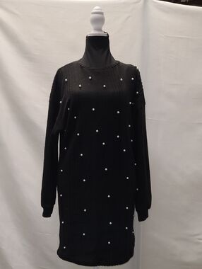 Pearl-Studded Black Long-Sleeve Sweater Dress